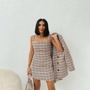 PLAID DOUBLE BREASTED BLAZER + DRESS. 2 PIECE SET